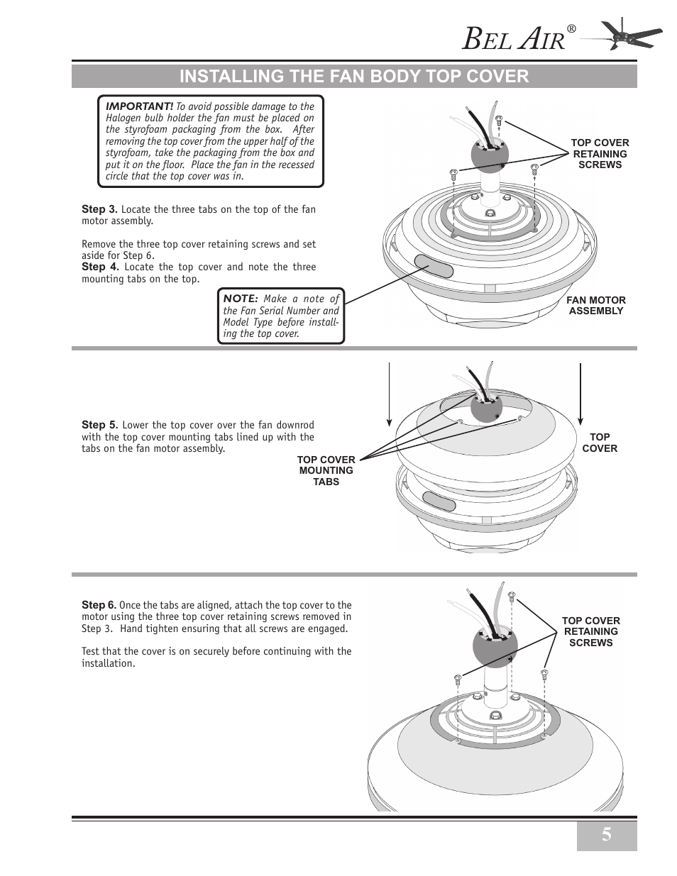 Installing the fan body top cover | Casablanca Fan Company Inteli-Touch 3 PN User Manual | Page 5 / 17