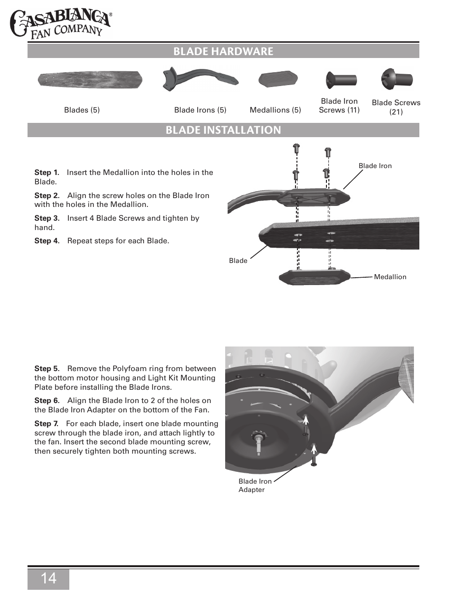 Blade installation, Blade hardware blade installation | Casablanca Fan Company Casablanca Fan C15G624L User Manual | Page 14 / 24