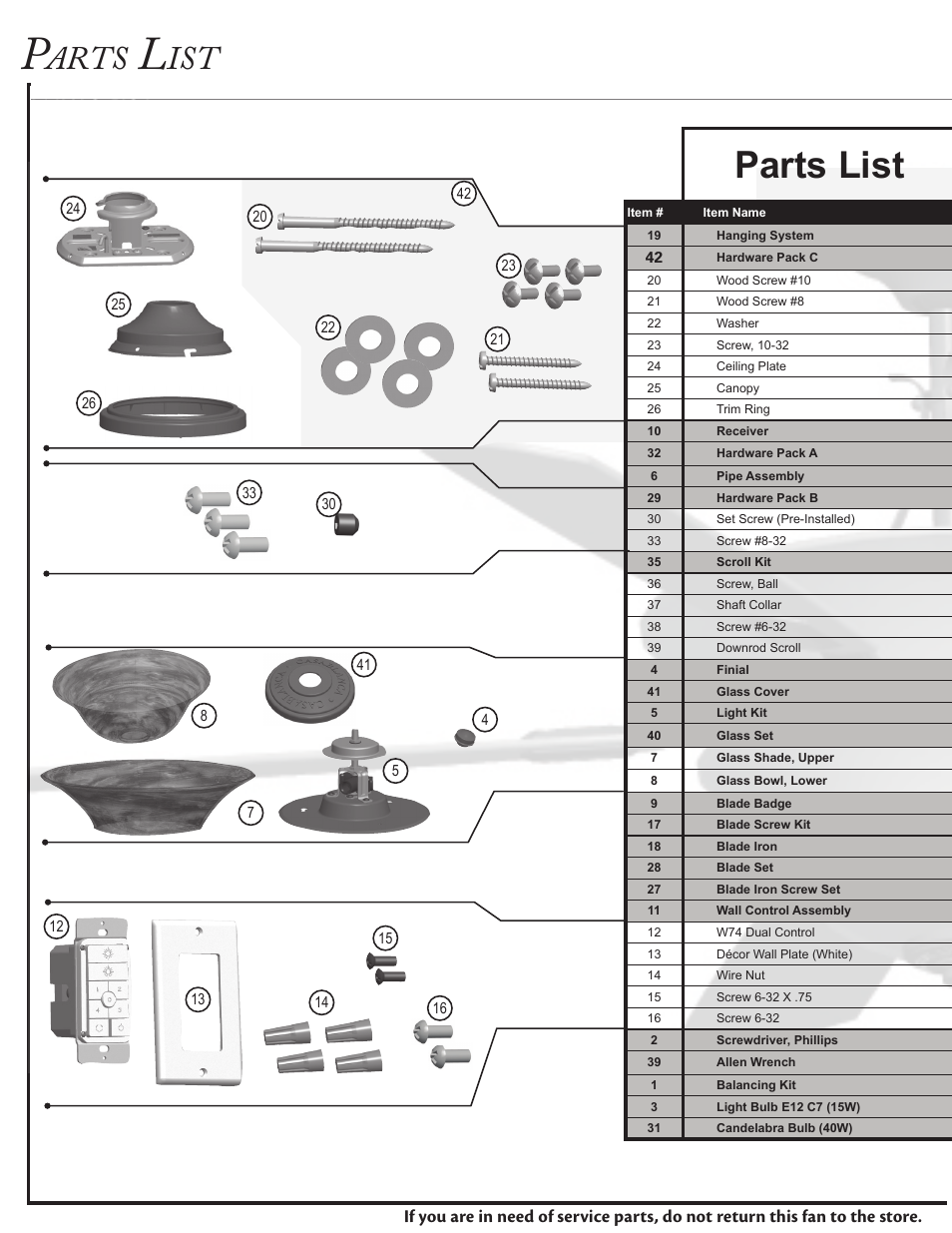 Parts list, Arts | Casablanca Fan Company Casablanca Fan C15G624L User Manual | Page 2 / 24