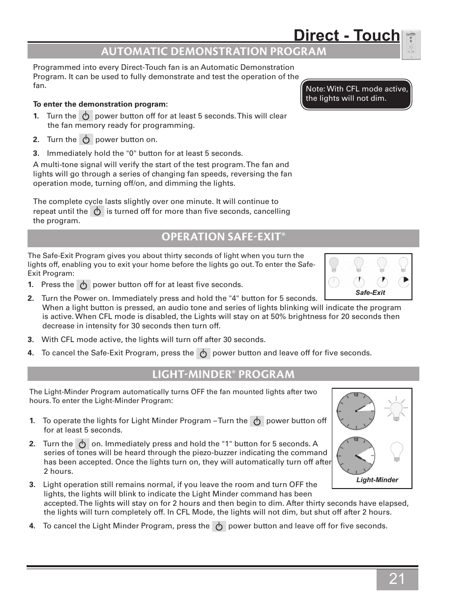 Automatic demonstration program, Operation safe-exit, Light-minder® program | Direct - touch | Casablanca Fan Company Casablanca Fan C15G624L User Manual | Page 21 / 24