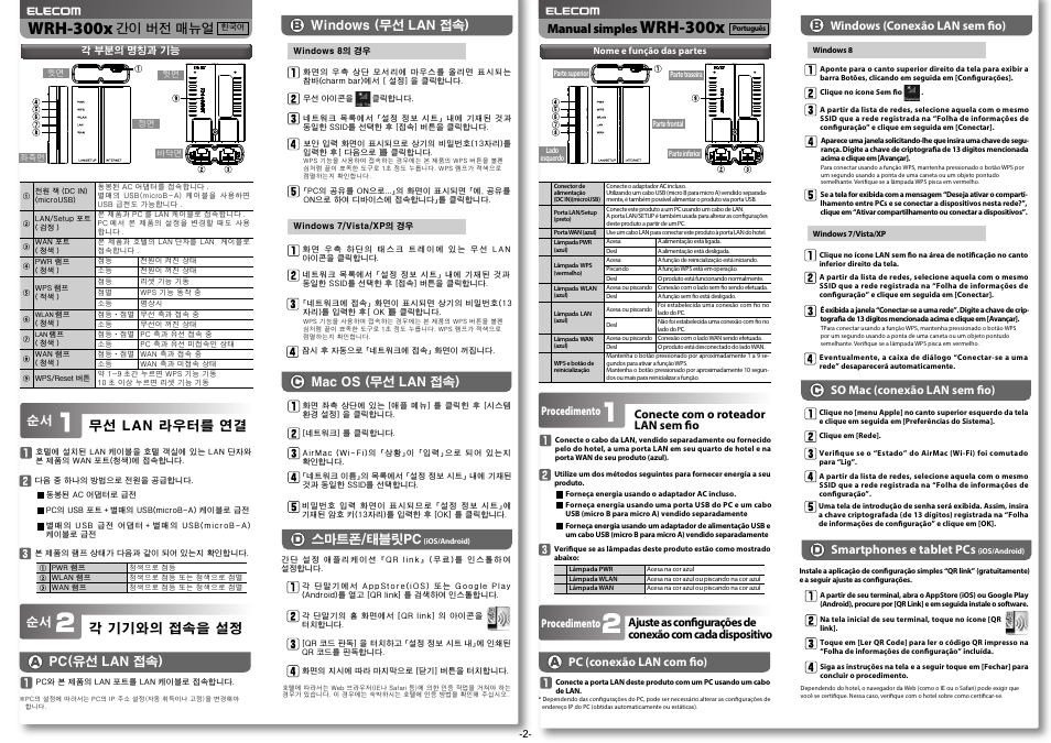 Wrh-300x_manual_multi-2のコピー, Wrh-300x, Manual simples | 간이 버전 매뉴얼, 무선 lan 라우터를 연결, 각 기기와의 접속을 설정, Windows (무선 lan 접속), Mac os (무선 lan 접속) 스마트폰/태블릿pc, Pc(유선 lan 접속), Windows (conexão lan sem fio) | Elecom WRH-300xx 設定手順書① User Manual | Page 2 / 2