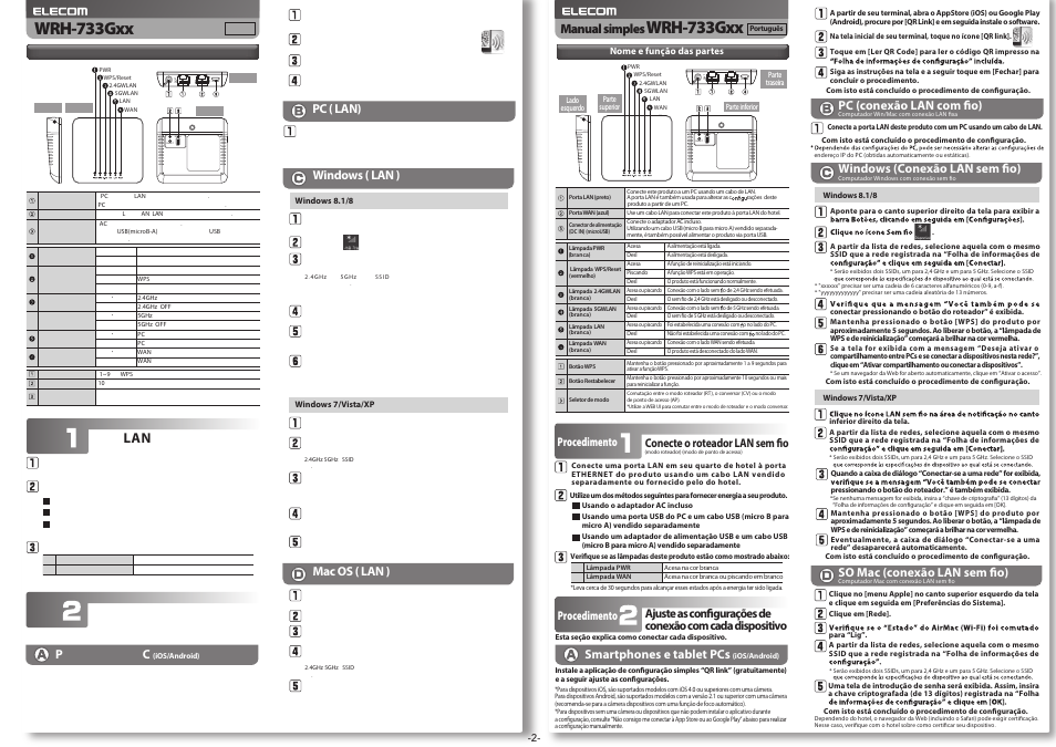 Wrh-733gxx, Rt/cv ap reset, Manual simples | 간이 버전 매뉴얼, 무선 lan 라우터를 연결, 각 기기와의 접속을 설정, Smartphones e tablet pcs, Procedimento, 스마트폰/태블릿pc, Windows ( 무선 lan 접속) | Elecom WRH-733Gxx 設定手順書（他言語版） User Manual | Page 2 / 2