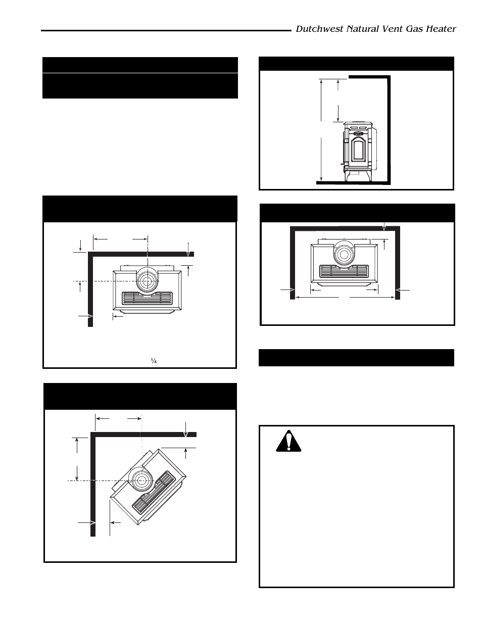 Dutchwest natural vent gas heater, Hearth requirements, Warning | Ceiling clearances, Alcove minimum dimensions | CFM Corporation 2467 User Manual | Page 5 / 28