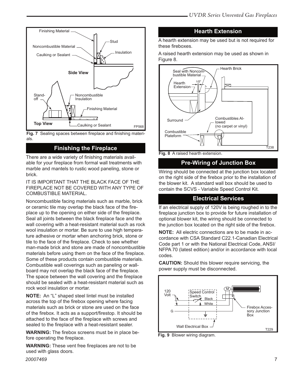 Uvdr series unvented gas fireplaces, Finishing the fireplace, Hearth extension | Pre-wiring of junction box, Electrical services | CFM Corporation UVDR42C User Manual | Page 7 / 16