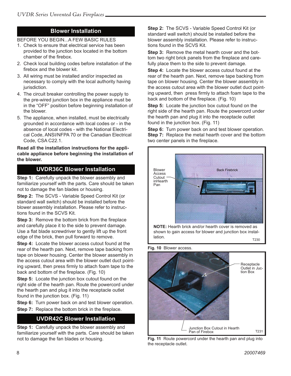 Uvdr series unvented gas fireplaces, Blower installation, Uvdr36c blower installation | Uvdr42c blower installation | CFM Corporation UVDR42C User Manual | Page 8 / 16