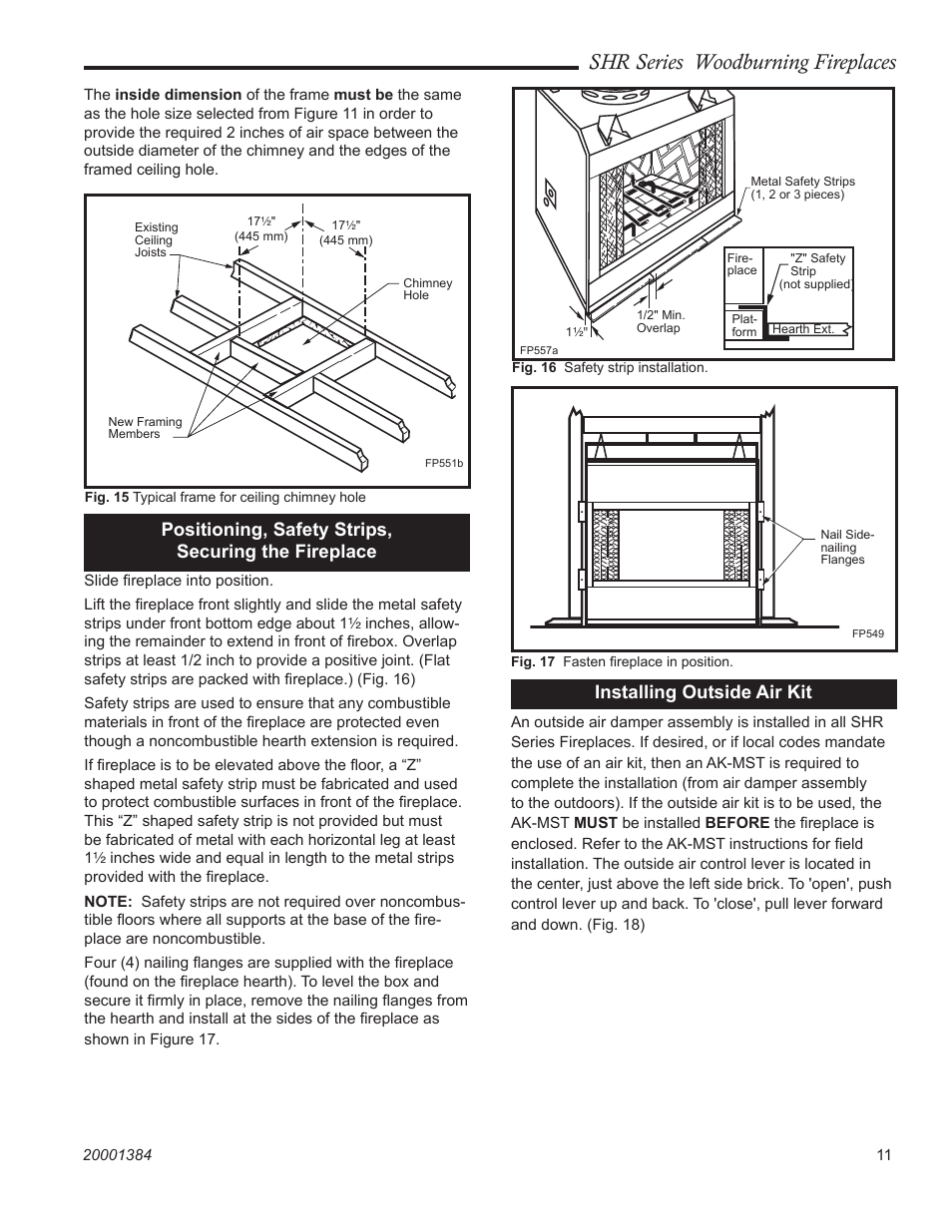 Shr series woodburning fireplaces, Positioning, safety strips, securing the fireplace, Installing outside air kit | CFM Corporation SHR36 User Manual | Page 11 / 24