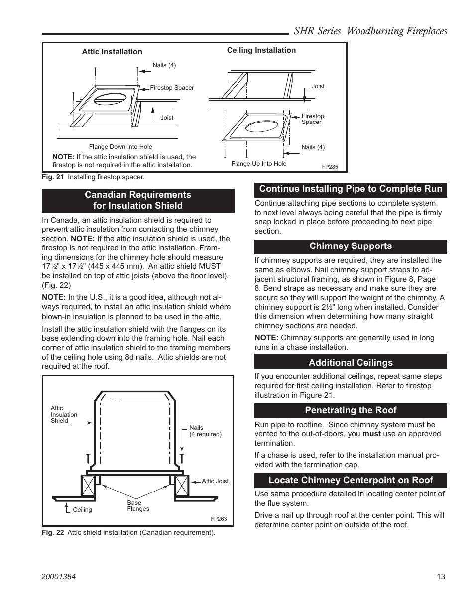Shr series woodburning fireplaces, Canadian requirements for insulation shield, Continue installing pipe to complete run | Chimney supports, Additional ceilings, Penetrating the roof, Locate chimney centerpoint on roof | CFM Corporation SHR36 User Manual | Page 13 / 24