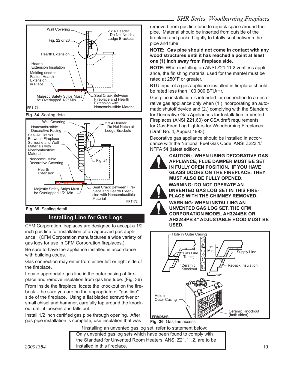 Shr series woodburning fireplaces, Installing line for gas logs | CFM Corporation SHR36 User Manual | Page 19 / 24