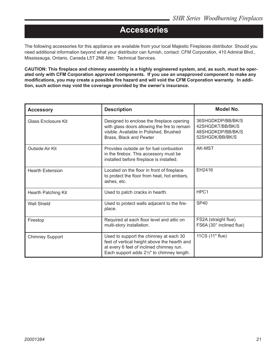 Accessories, Shr series woodburning fireplaces | CFM Corporation SHR36 User Manual | Page 21 / 24