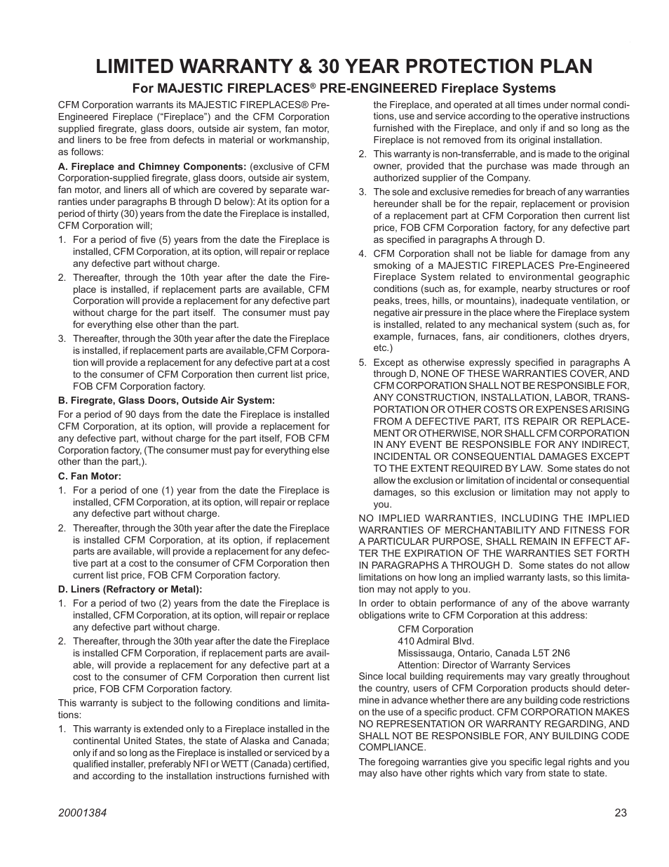 Limited warranty & 30 year protection plan, Shr series woodburning fireplaces | CFM Corporation SHR36 User Manual | Page 23 / 24