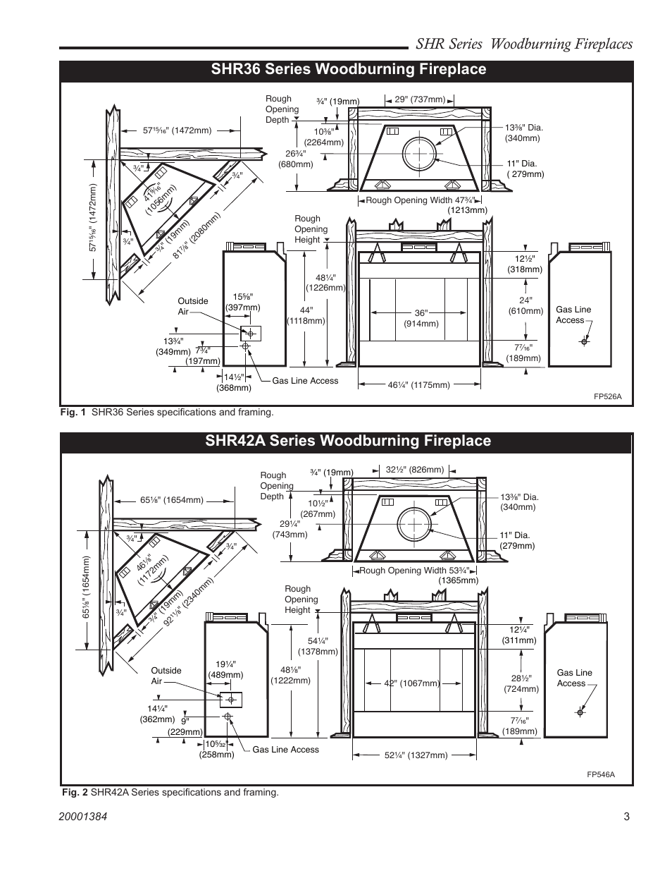 Shr series woodburning fireplaces, Shr42a series woodburning fireplace, Shr36 series woodburning fireplace | CFM Corporation SHR36 User Manual | Page 3 / 24