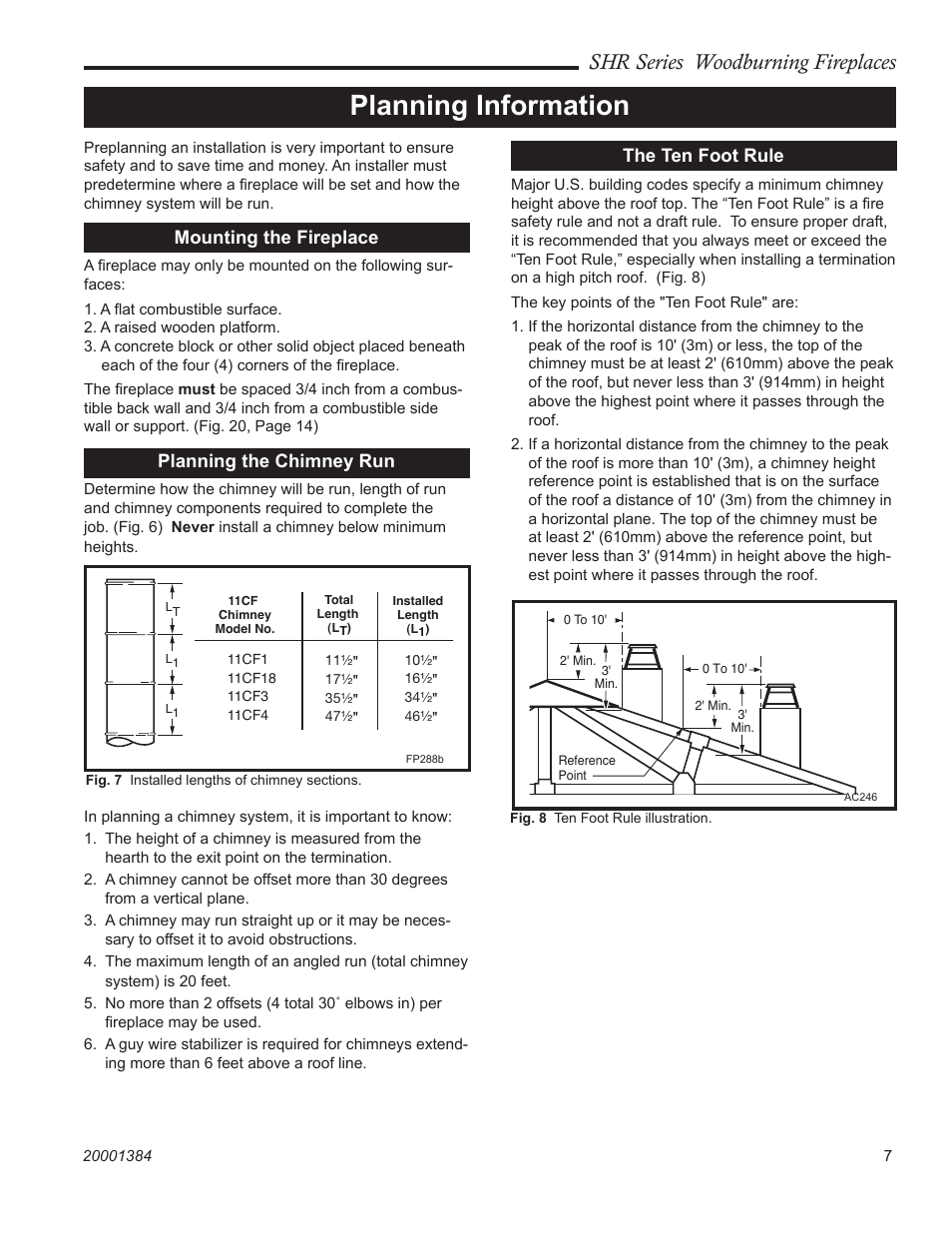 Planning information, Shr series woodburning fireplaces, The ten foot rule | Mounting the fireplace, Planning the chimney run | CFM Corporation SHR36 User Manual | Page 7 / 24