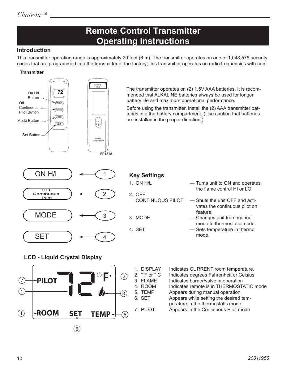 Remote control transmitter operating instructions, On h/l, Mode | Chateau | CFM Corporation DVT38IN User Manual | Page 10 / 48