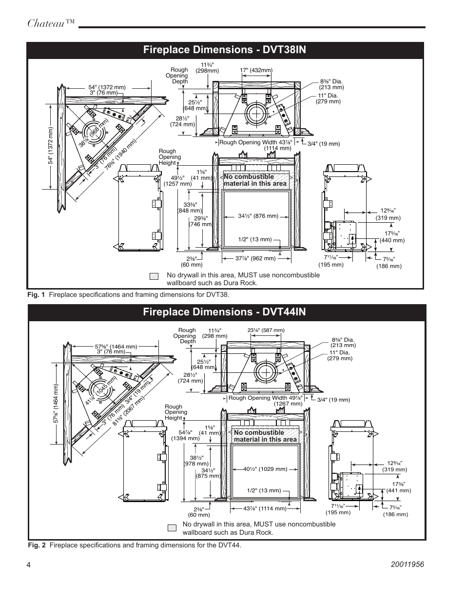Chateau, Fireplace dimensions - dvt38in, Fireplace dimensions - dvt44in | CFM Corporation DVT38IN User Manual | Page 4 / 48