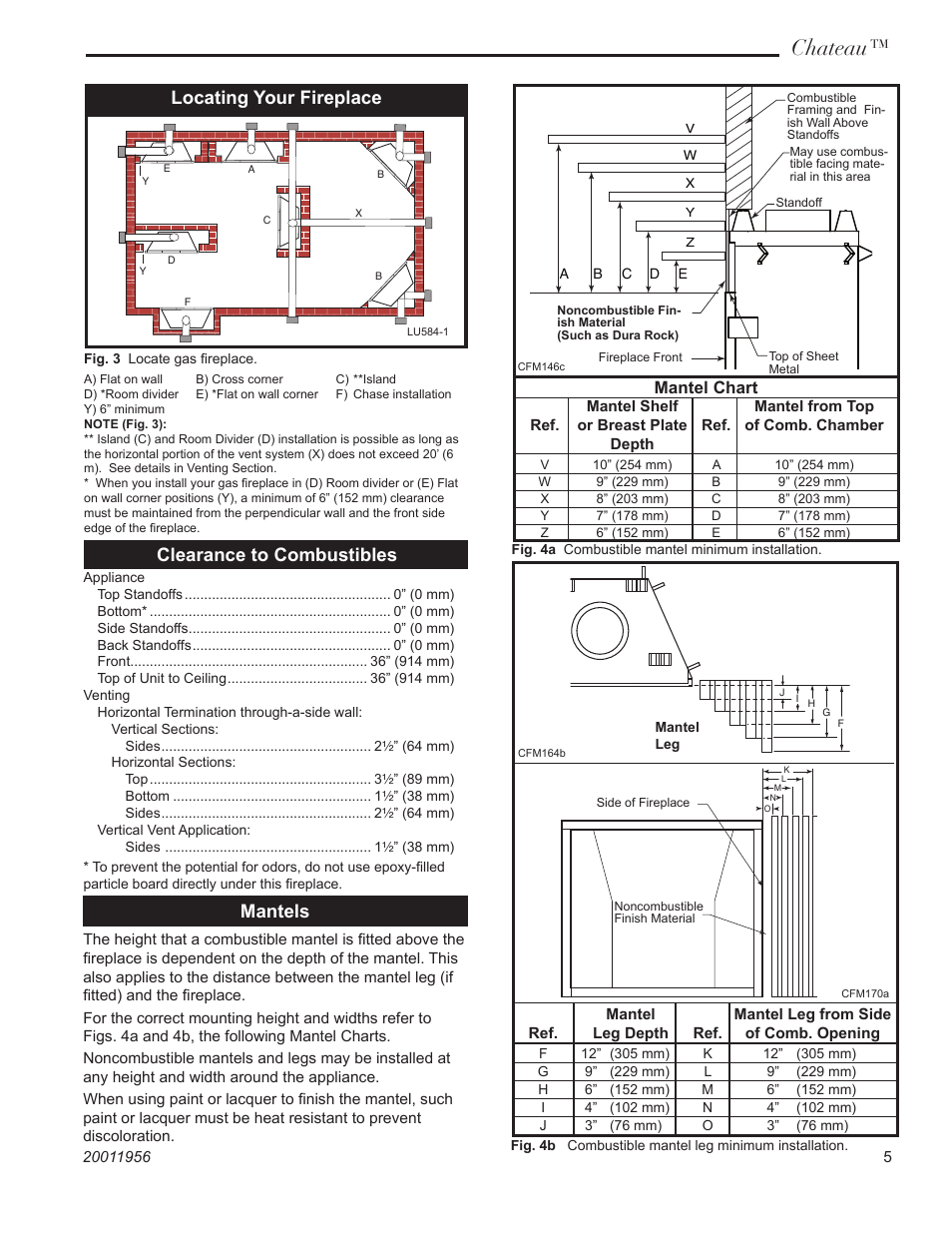 Chateau, Mantels, Clearance to combustibles | Locating your fireplace | CFM Corporation DVT38IN User Manual | Page 5 / 48