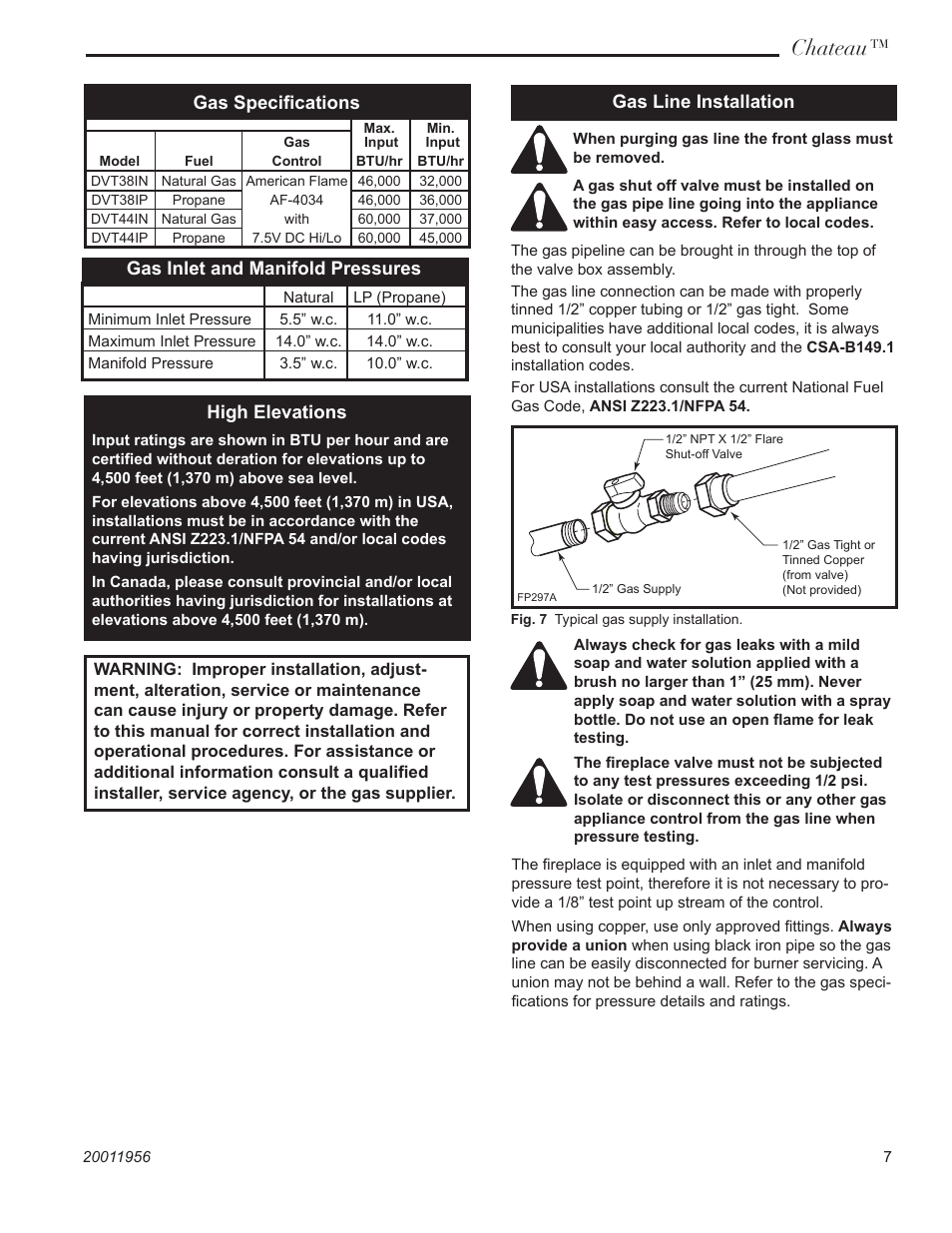 Chateau, Gas inlet and manifold pressures, High elevations | Gas line installation, Gas speciﬁcations | CFM Corporation DVT38IN User Manual | Page 7 / 48