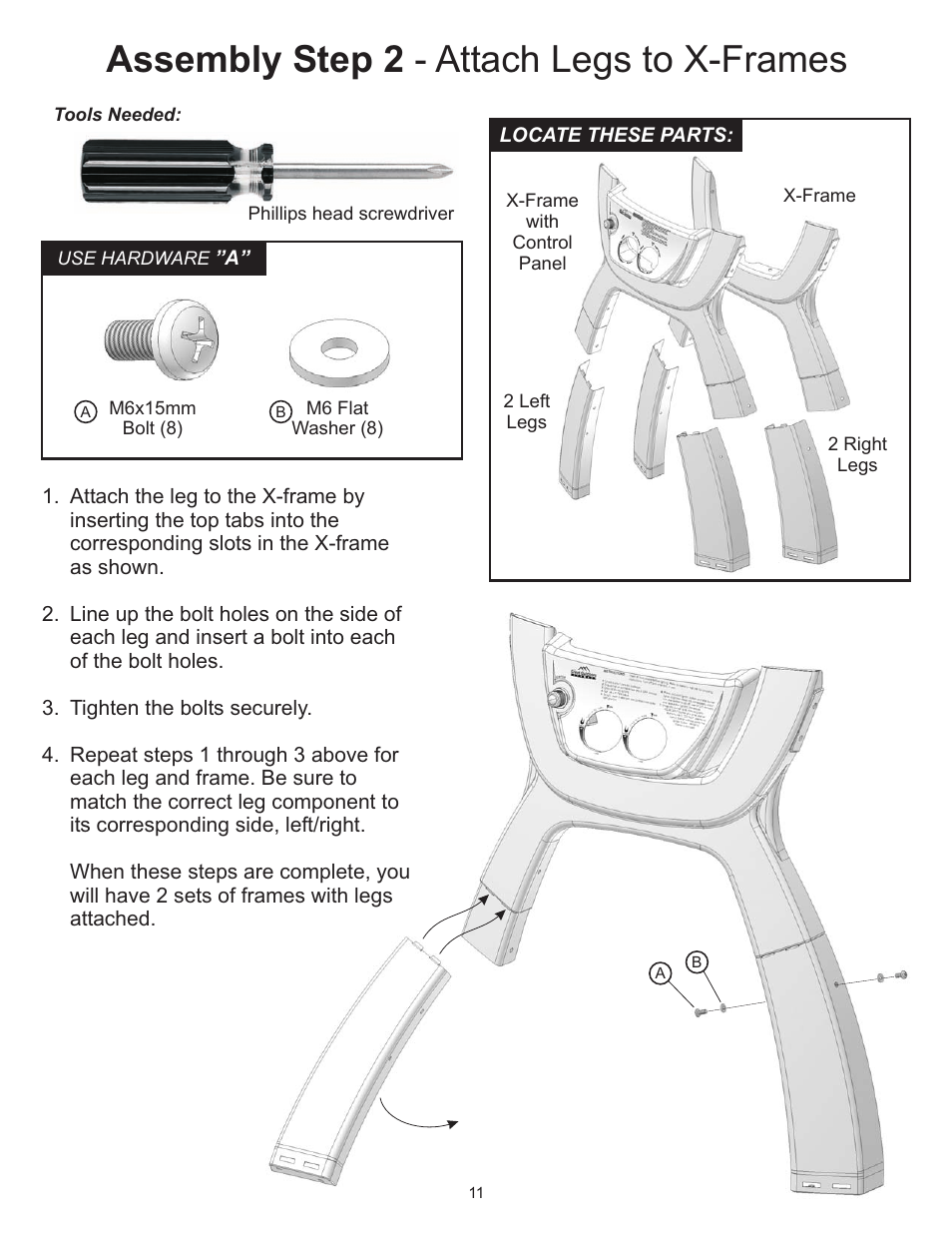 Assembly step 2 - attach legs to x-frames | CFM Corporation A053041 User Manual | Page 10 / 27