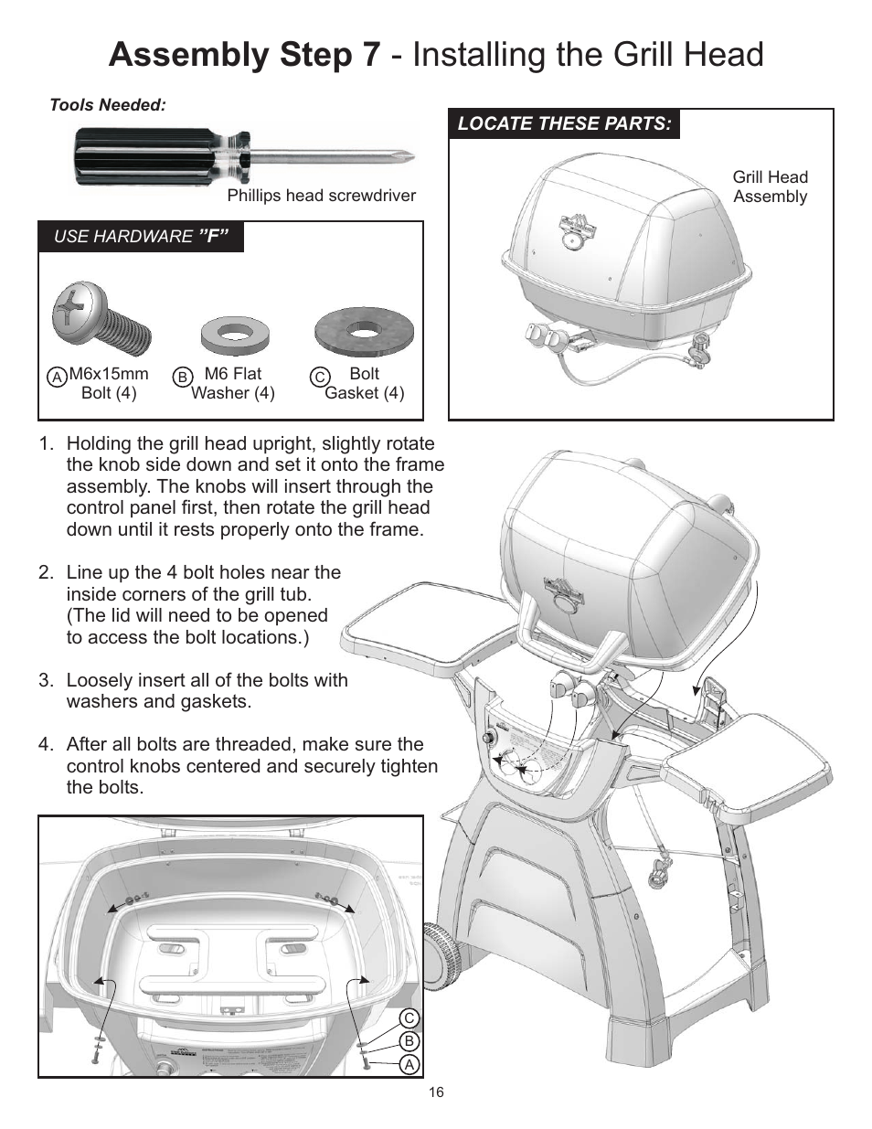 Assembly step 7 - installing the grill head | CFM Corporation A053041 User Manual | Page 15 / 27