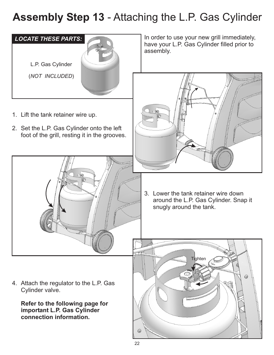 Assembly step 13 - attaching the l.p. gas cylinder | CFM Corporation A053041 User Manual | Page 21 / 27