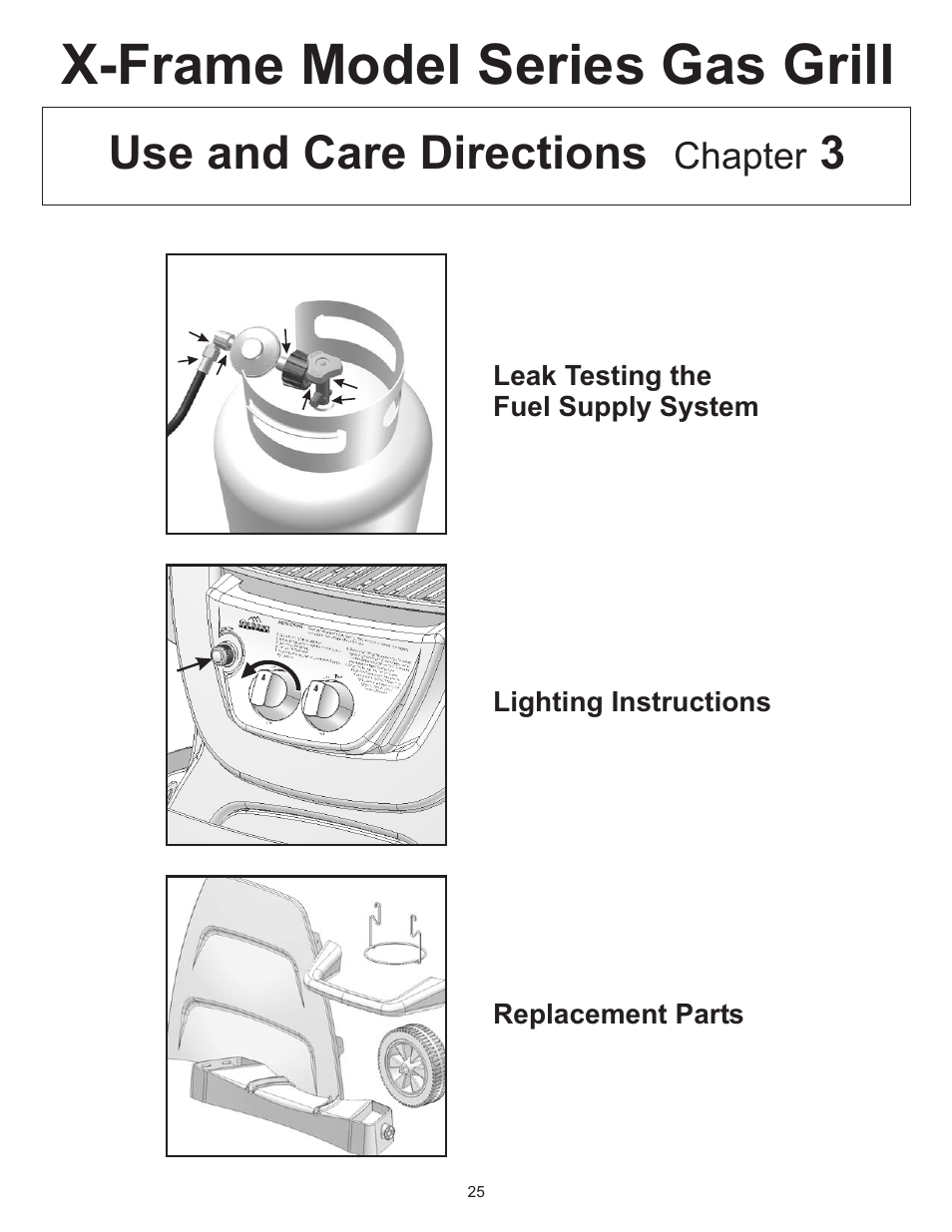 X-frame model series gas grill, Use and care directions 3 | CFM Corporation A053041 User Manual | Page 23 / 27