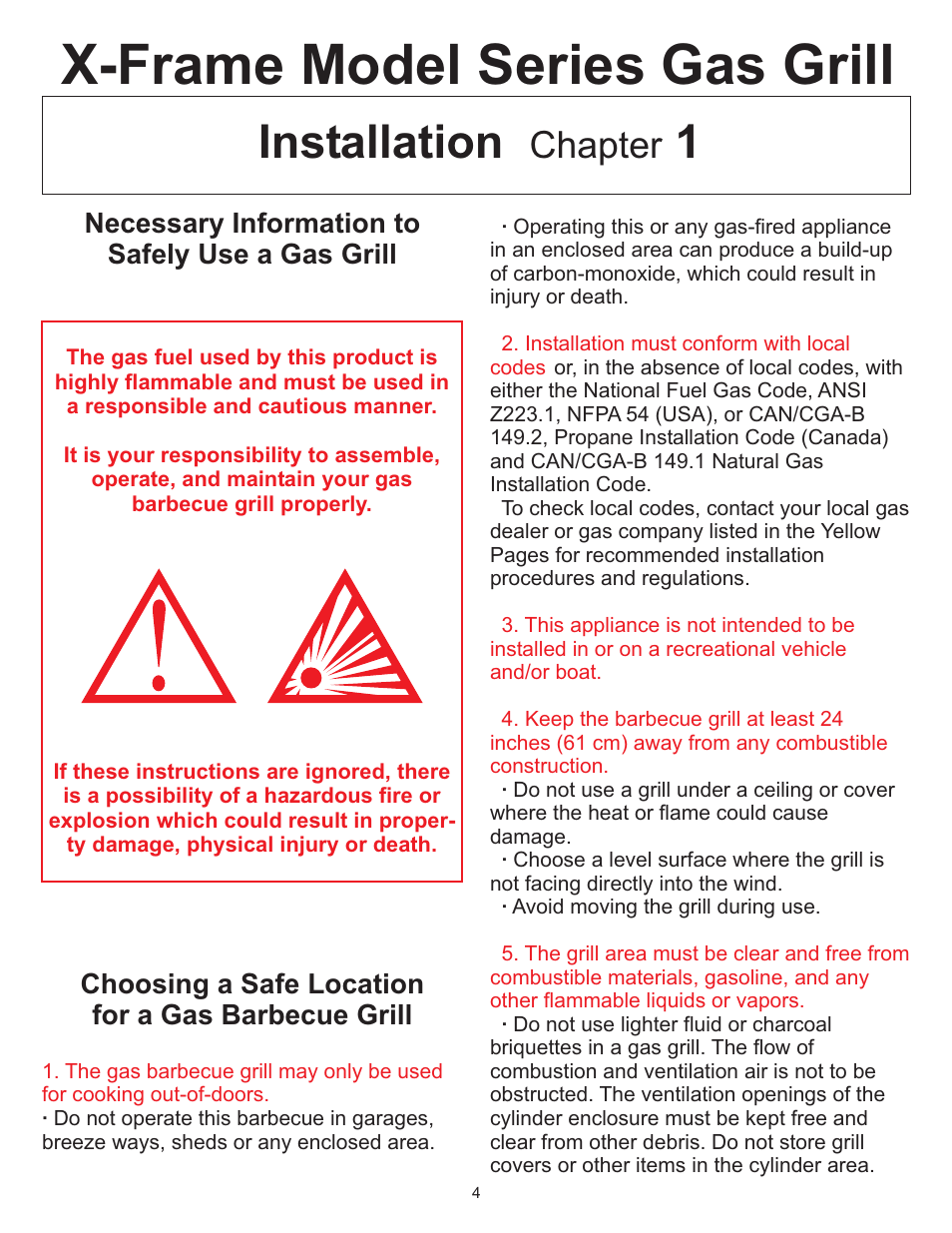 X-frame model series gas grill, Installation 1, Chapter | CFM Corporation A053041 User Manual | Page 3 / 27