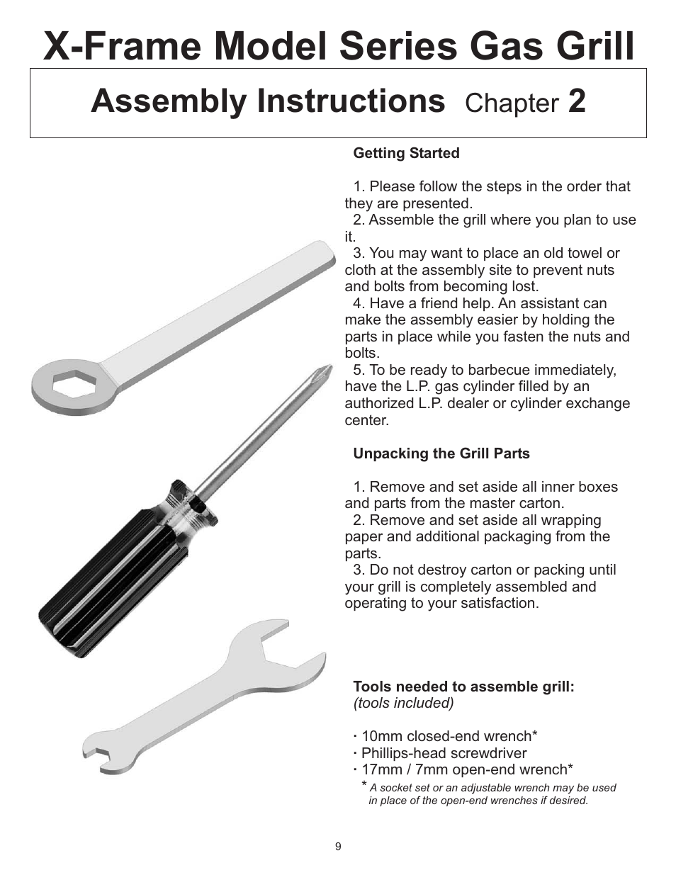 X-frame model series gas grill, Assembly instructions 2, Chapter | CFM Corporation A053041 User Manual | Page 8 / 27