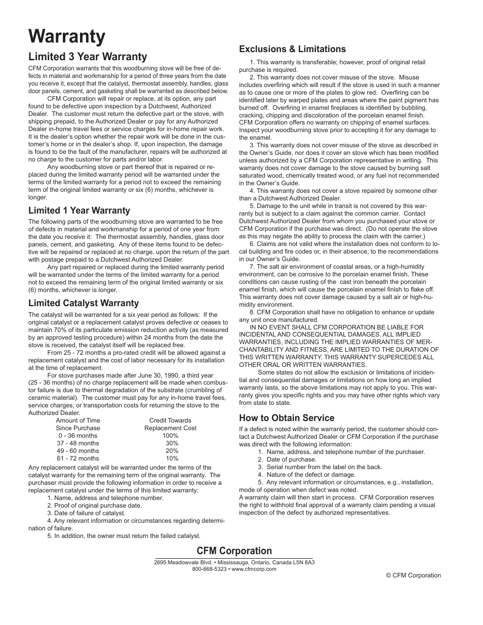 Warranty, Limited 3 year warranty, Cfm corporation | Limited 1 year warranty, Limited catalyst warranty, Exclusions & limitations, How to obtain service | CFM Corporation 2462 User Manual | Page 32 / 32