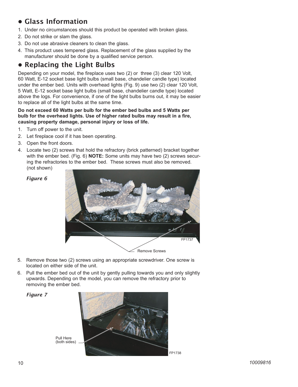 Glass information, Replacing the light bulbs | CFM Corporation EF22 User Manual | Page 10 / 16