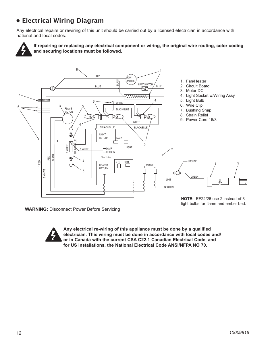 Electrical wiring diagram, Warning: disconnect power before servicing | CFM Corporation EF22 User Manual | Page 12 / 16