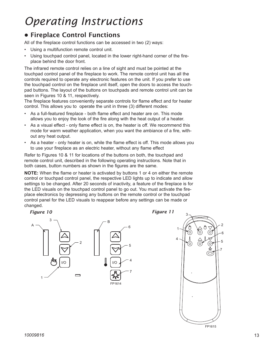 Operating instructions, Fireplace control functions | CFM Corporation EF22 User Manual | Page 13 / 16