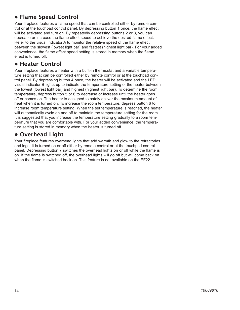 Flame speed control, Heater control, Overhead light | CFM Corporation EF22 User Manual | Page 14 / 16