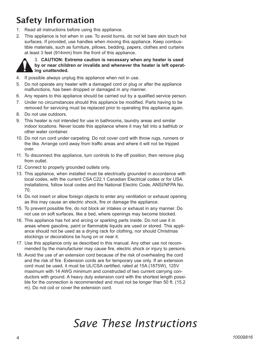 Save these instructions, Safety information | CFM Corporation EF22 User Manual | Page 4 / 16