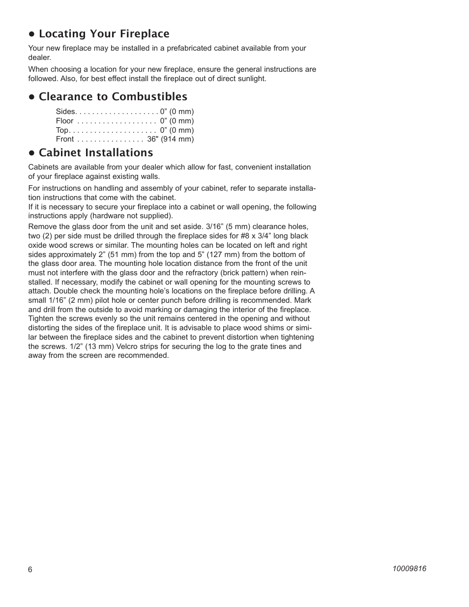 Locating your fireplace, Clearance to combustibles, Cabinet installations | CFM Corporation EF22 User Manual | Page 6 / 16