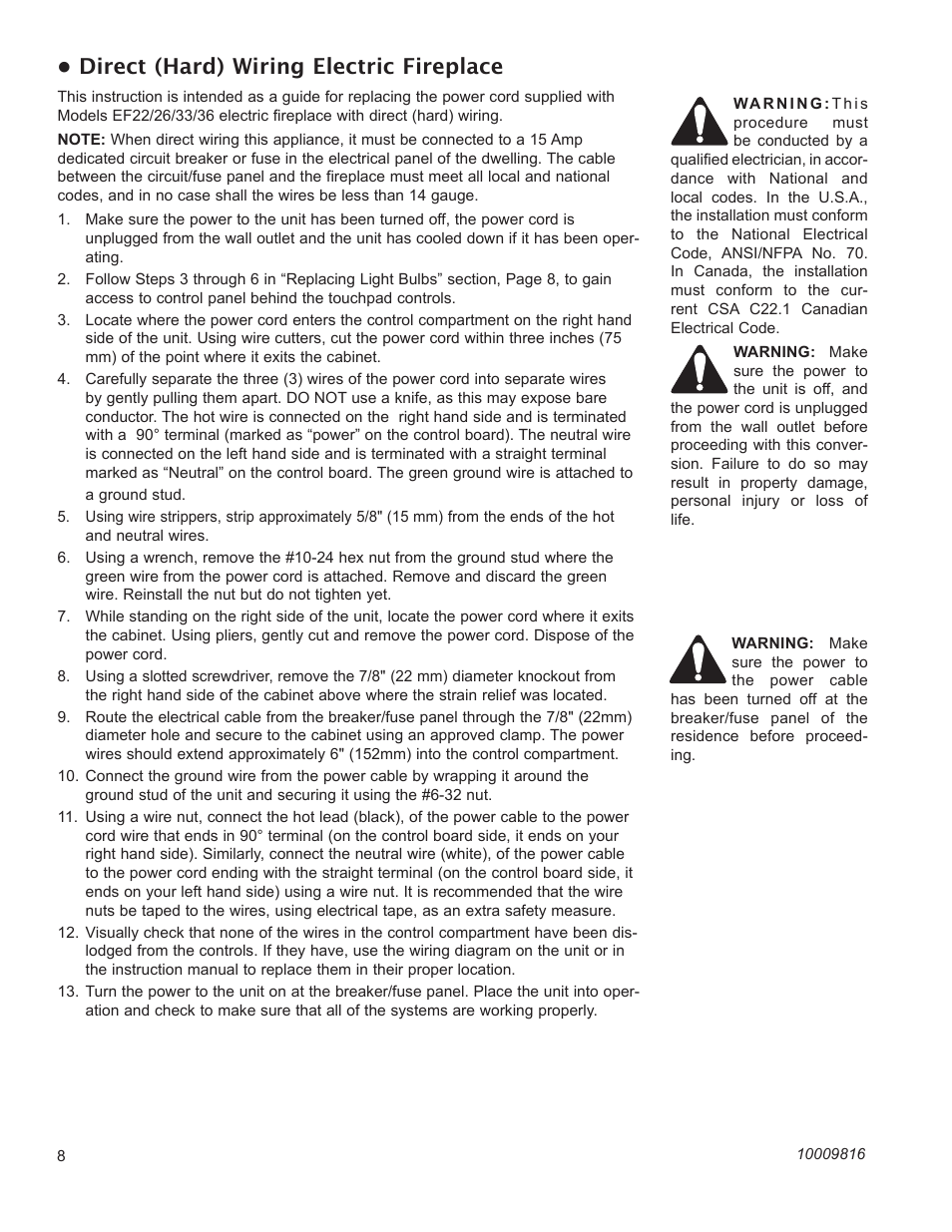 Direct (hard) wiring electric fireplace | CFM Corporation EF22 User Manual | Page 8 / 16