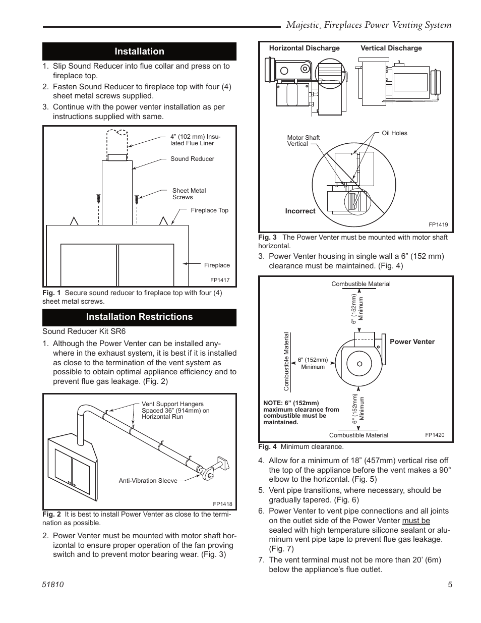 Majestic, Fireplaces power venting system, Installation restrictions | Installation | CFM Corporation PVS-1 User Manual | Page 5 / 12