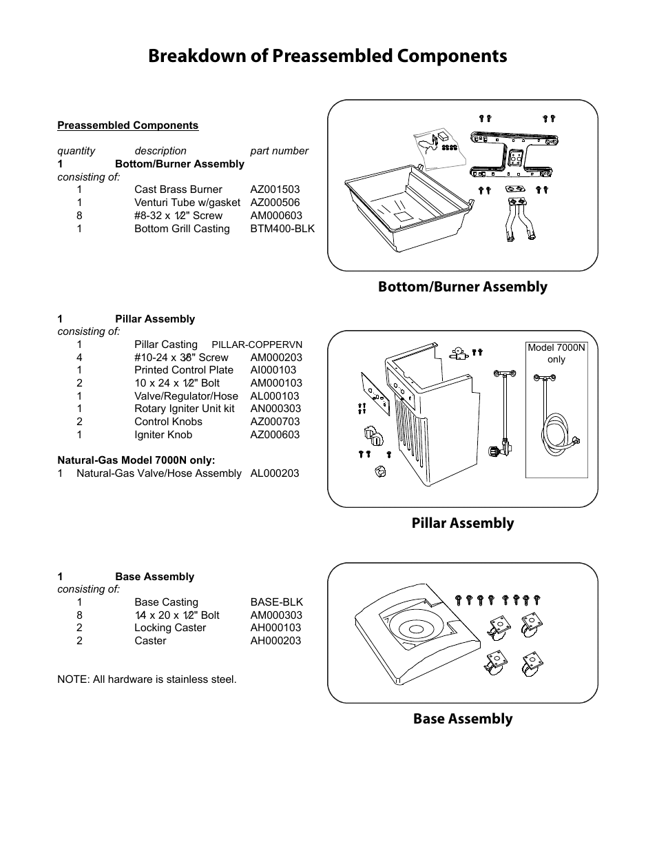 Breakdown of preassembled components, Base assembly, Pillar assembly bottom/burner assembly | CFM Corporation 7000 User Manual | Page 29 / 29