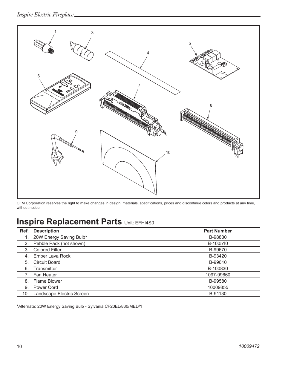 Inspire replacement parts, Inspire electric fireplace | CFM Corporation ICVCEFP01 User Manual | Page 10 / 12