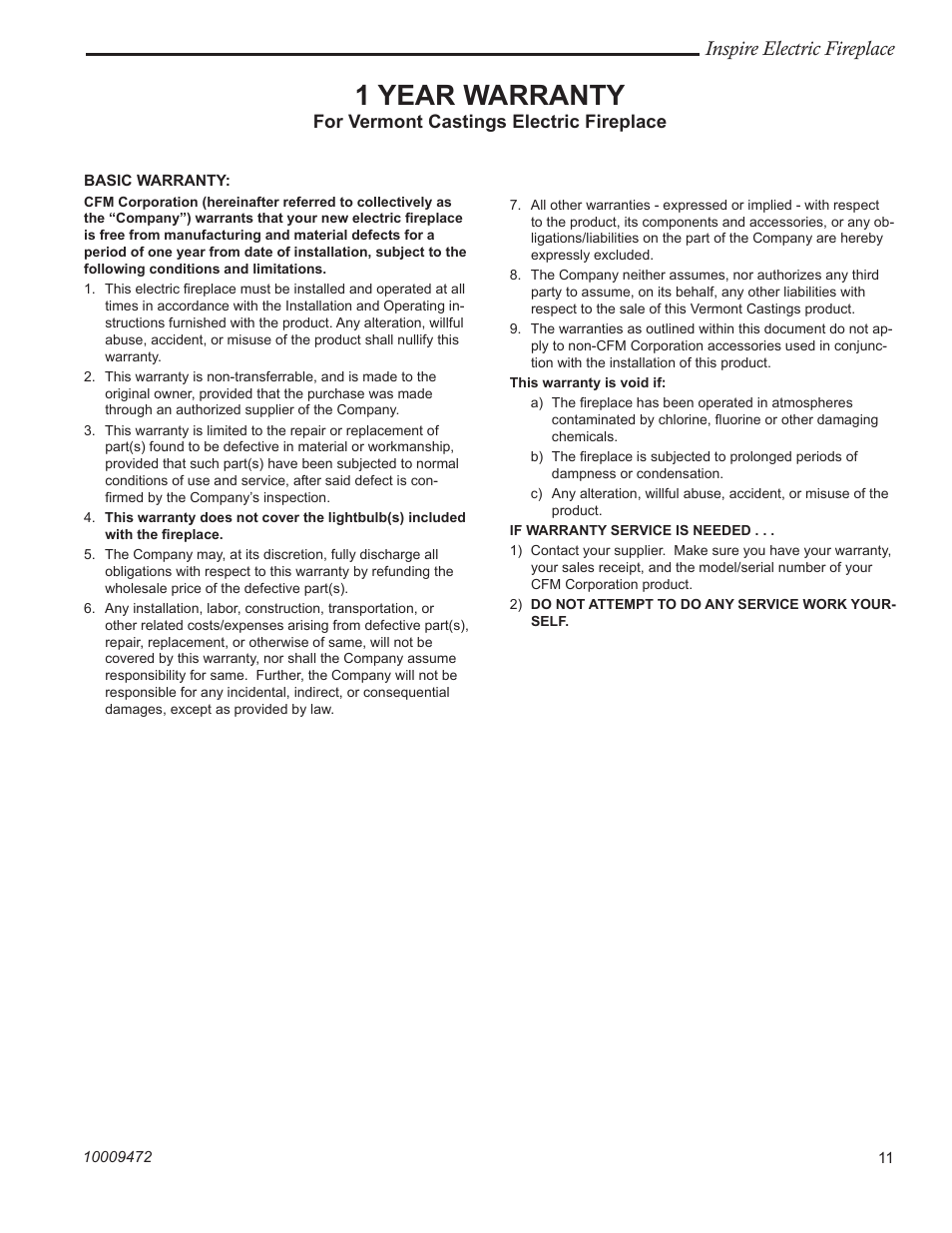 1 year warranty, Inspire electric fireplace | CFM Corporation ICVCEFP01 User Manual | Page 11 / 12