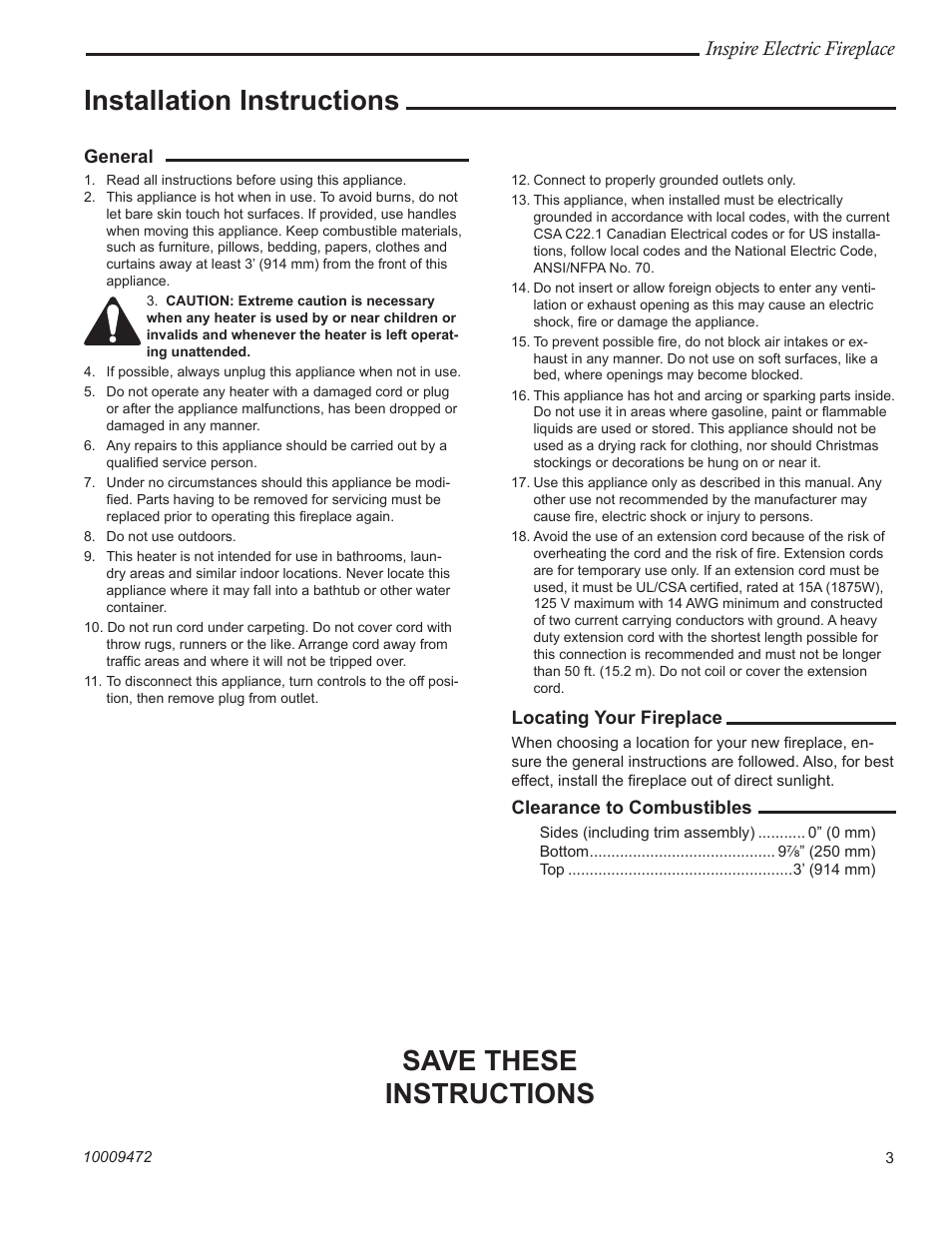 Installation instructions, Save these instructions, Inspire electric fireplace | CFM Corporation ICVCEFP01 User Manual | Page 3 / 12