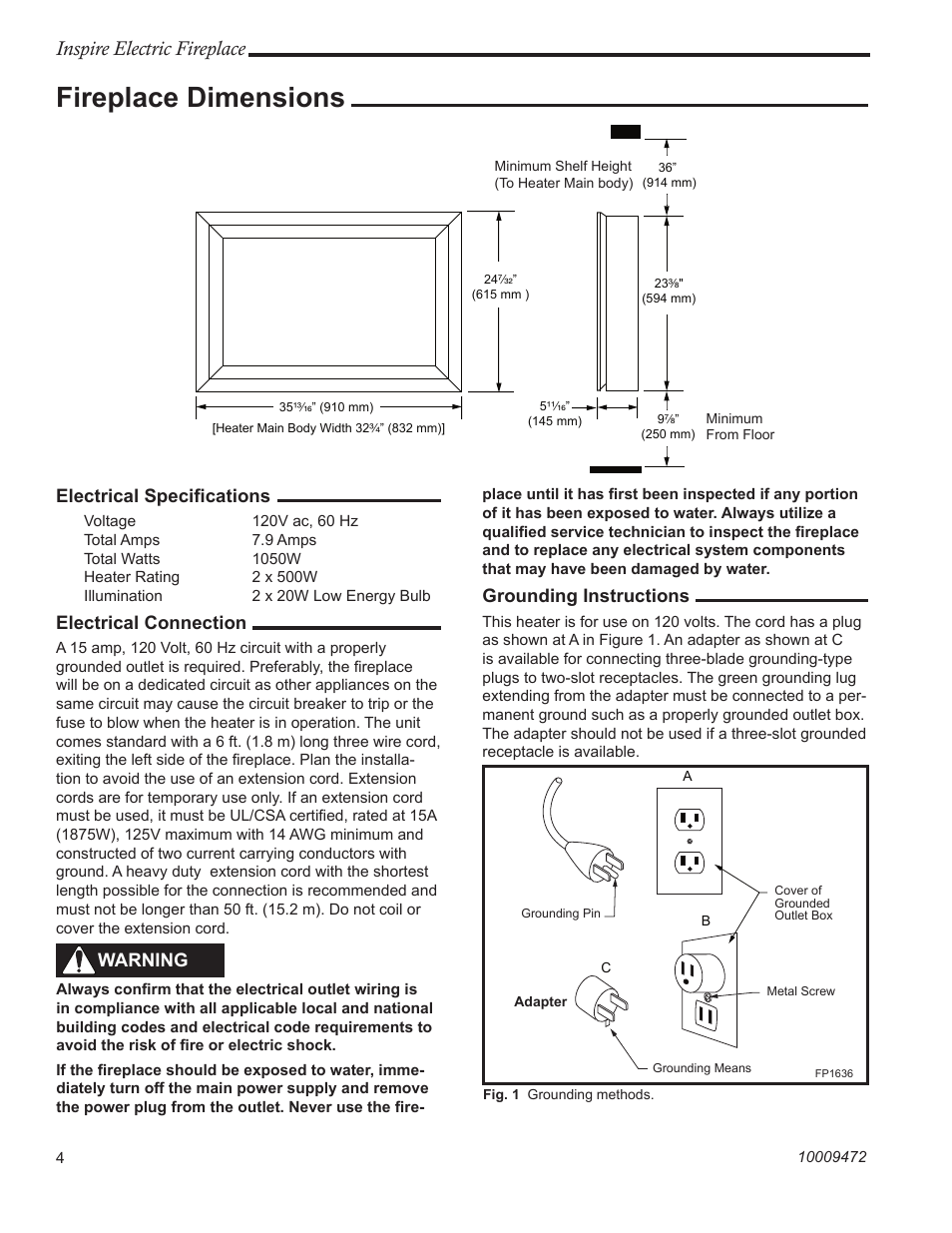 Fireplace dimensions, Inspire electric fireplace, Electrical speciﬁcations | Electrical connection, Grounding instructions, Warning | CFM Corporation ICVCEFP01 User Manual | Page 4 / 12