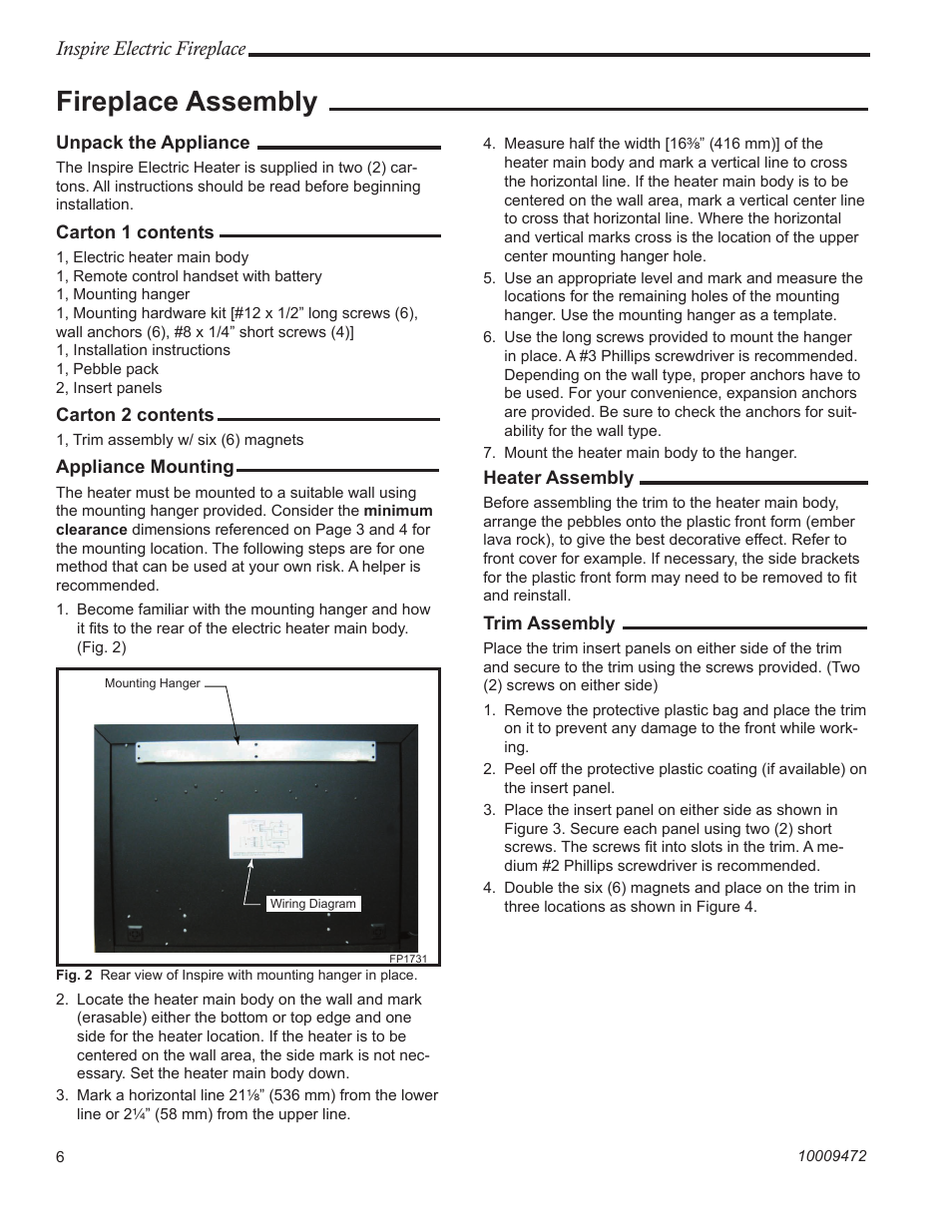 Fireplace assembly, Inspire electric fireplace | CFM Corporation ICVCEFP01 User Manual | Page 6 / 12