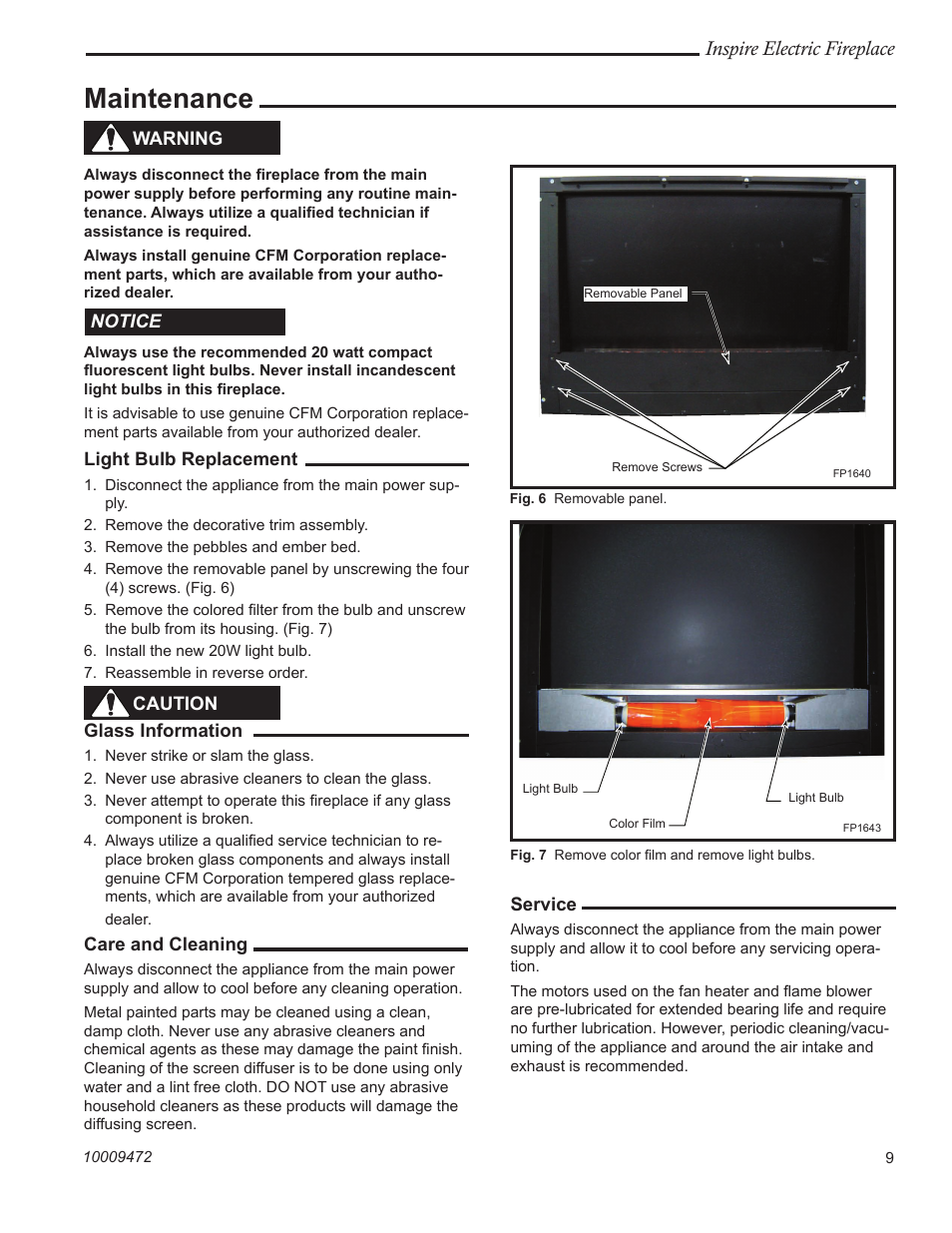 Maintenance, Inspire electric fireplace | CFM Corporation ICVCEFP01 User Manual | Page 9 / 12