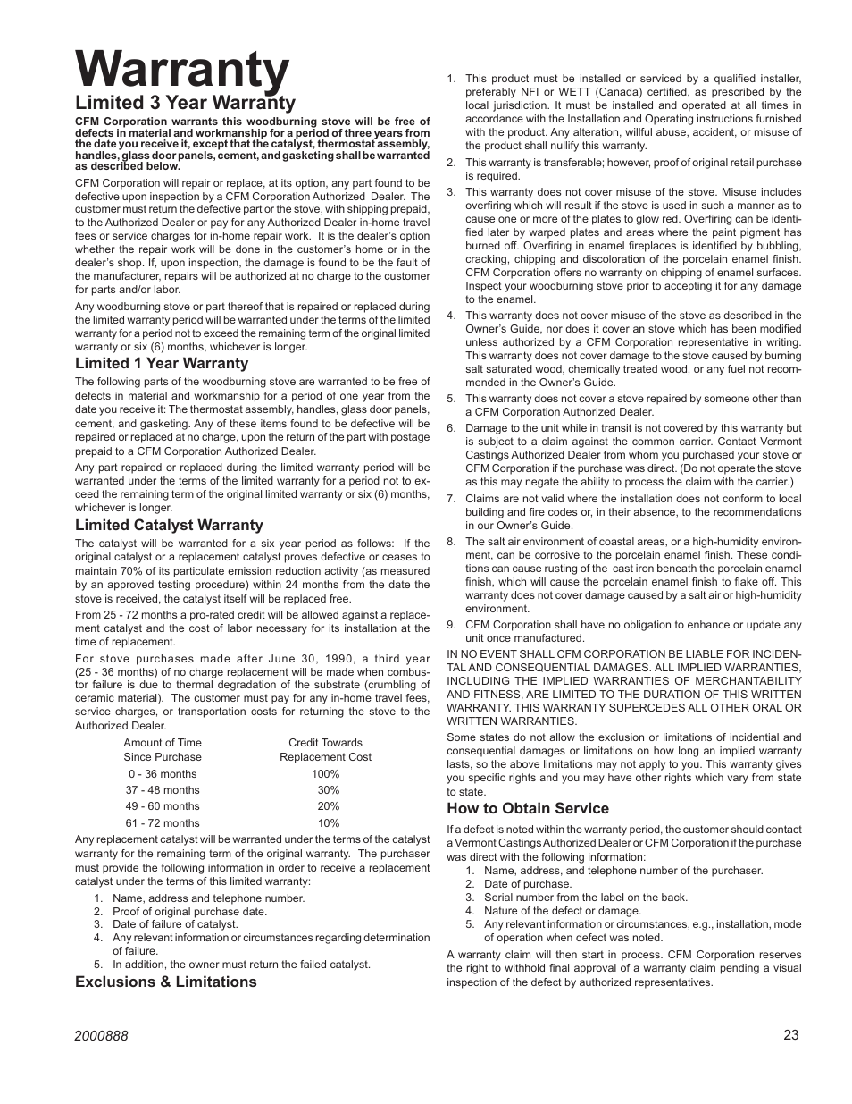 Warranty, Limited 3 year warranty, Winterwarm small insert | Limited 1 year warranty, Limited catalyst warranty, Exclusions & limitations, How to obtain service | CFM Corporation Winter Warm - Small Insert User Manual | Page 23 / 24