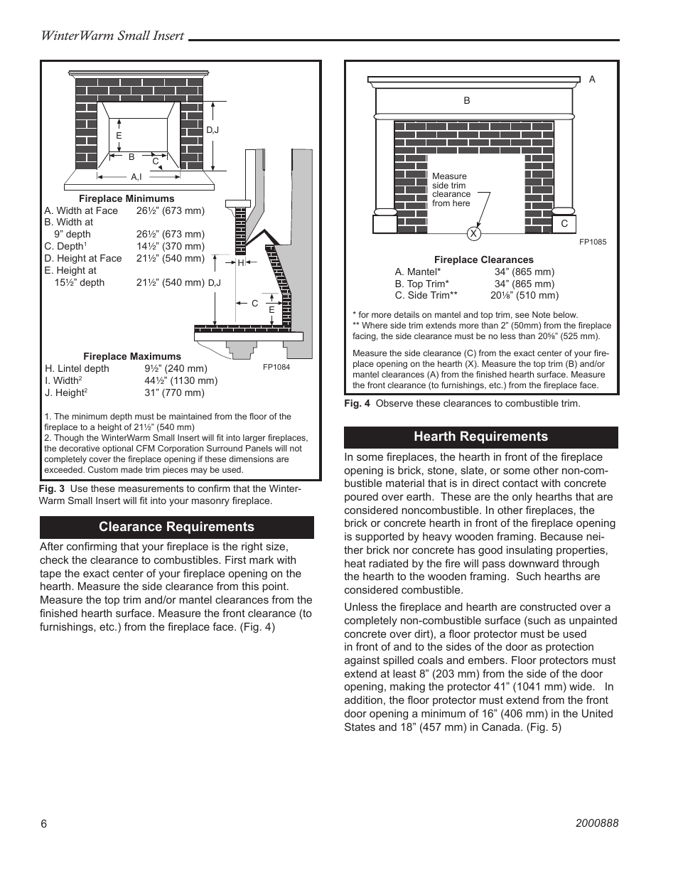 Winterwarm small insert, Clearance requirements, Hearth requirements | CFM Corporation Winter Warm - Small Insert User Manual | Page 6 / 24