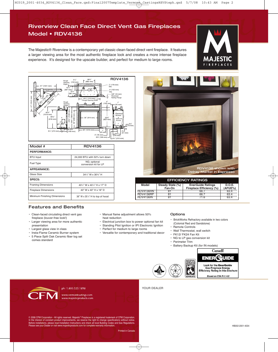 Features and benefits, Model # rdv4136, Rdv4136 | Options, Efficiency ratings | CFM Corporation Riverview RDV4136 User Manual | Page 2 / 2