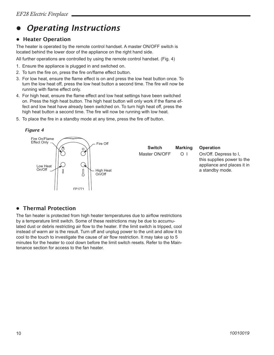 Operating instructions, Ef28 electric fireplace | CFM Corporation EF28 User Manual | Page 10 / 16