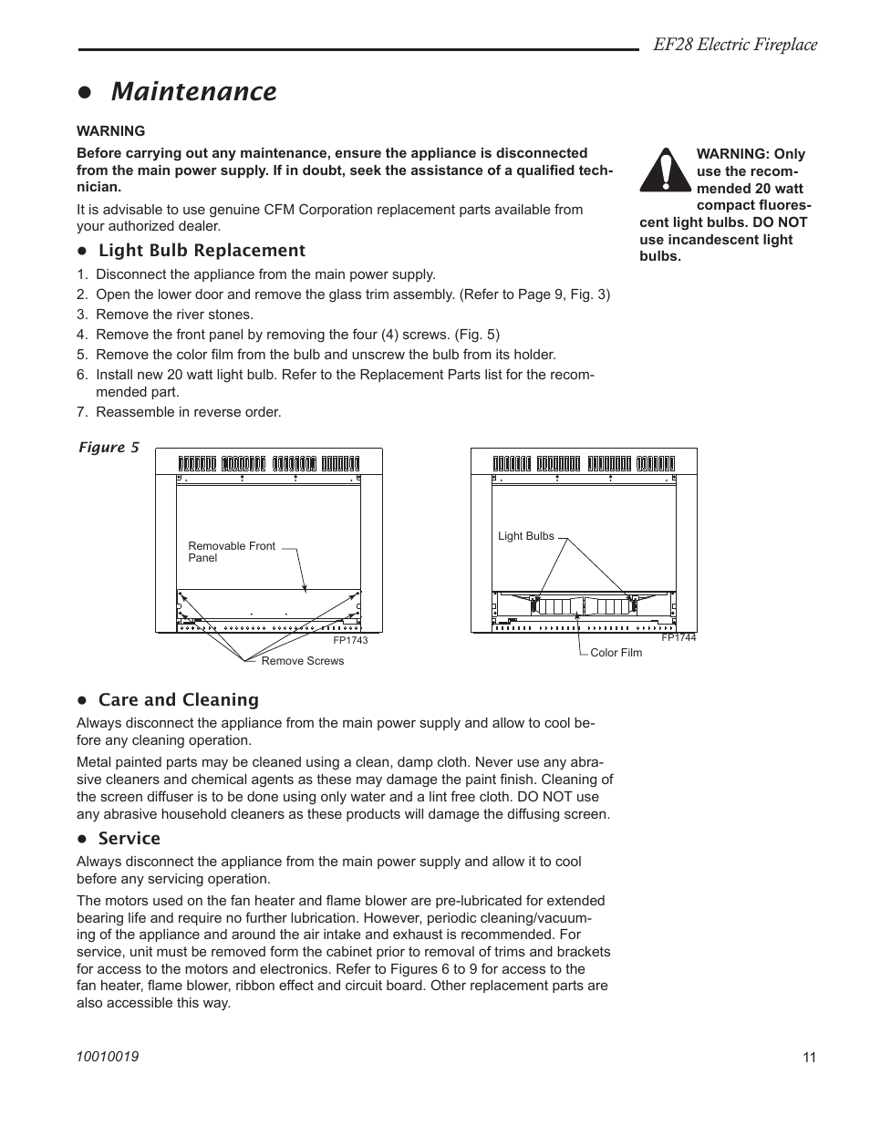 Maintenance, Ef28 electric fireplace | CFM Corporation EF28 User Manual | Page 11 / 16