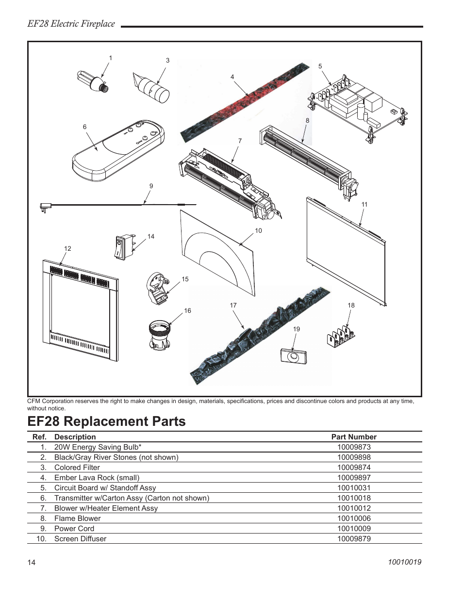 Ef28 replacement parts, Ef28 electric fireplace | CFM Corporation EF28 User Manual | Page 14 / 16