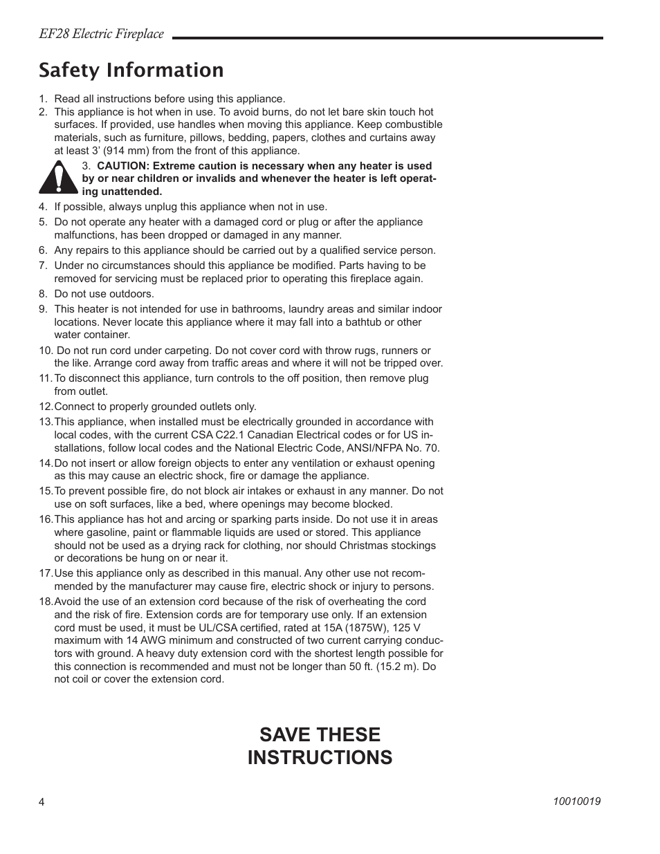 Safety information, Save these instructions, Ef28 electric fireplace | CFM Corporation EF28 User Manual | Page 4 / 16