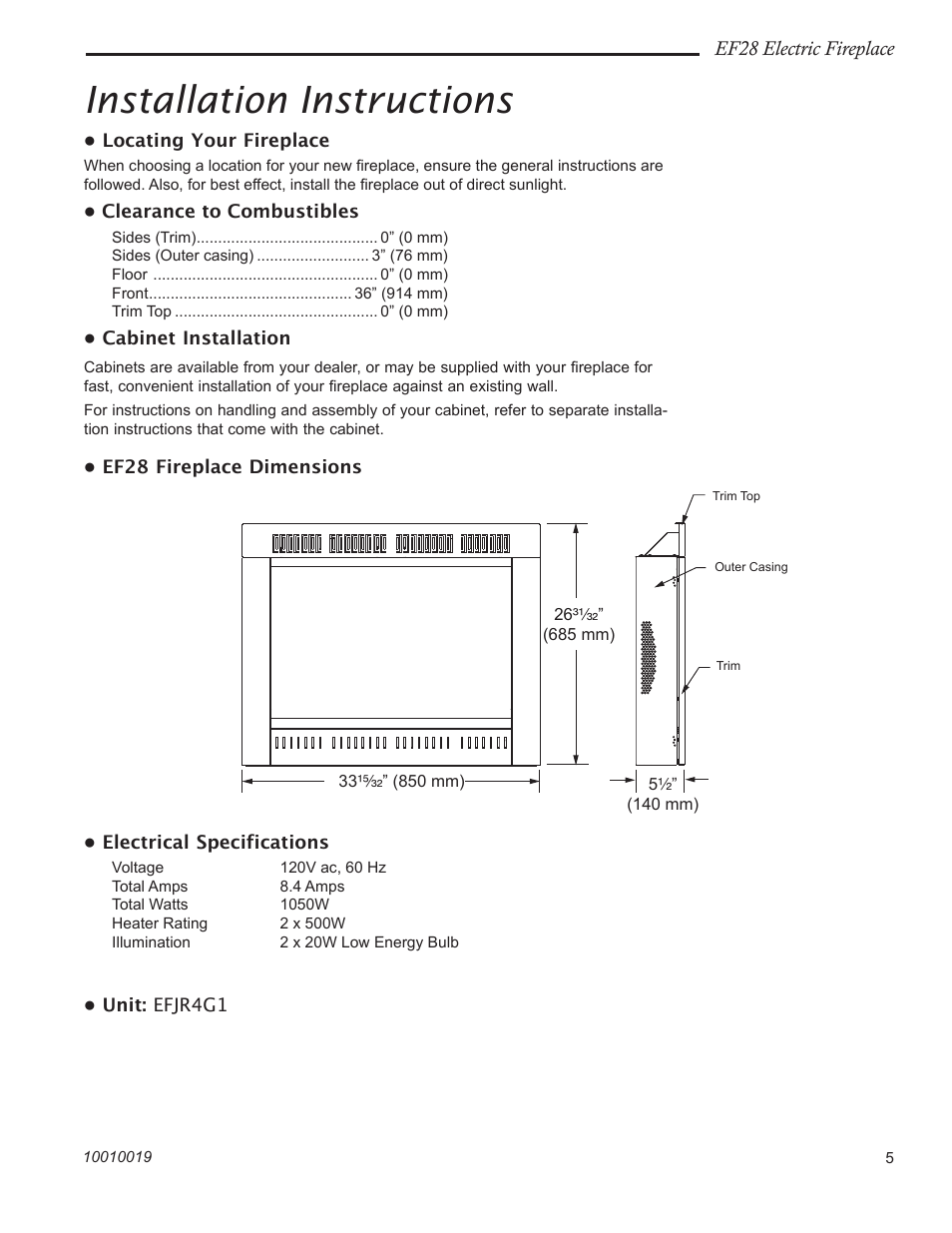 Installation instructions, Ef28 electric fireplace | CFM Corporation EF28 User Manual | Page 5 / 16